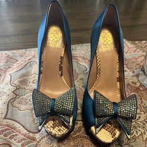 Vince Camuto Satin Teal  rhinestone heels and bow Shoes